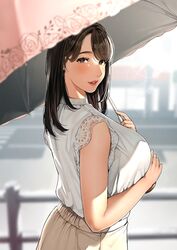  1girls absurd_res blush breasts brown_eyes brown_hair dark_brown_hair earrings female female_focus fully_clothed highres large_breasts long_hair looking_at_viewer married_woman mature_female milf original original_character outdoors parasol ring sakuranotomoruhie sfw skirt sleeveless_shirt standing summer 