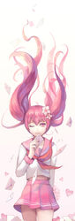  ahoge aoiakamaou character_request closed_mouth female flower gradient gradient_background hair_flower hair_ornament heart heart_background letter long_hair long_sleeves looking_at_viewer love_letter midriff no_background original pink_eyes pink_hair pink_skirt school_uniform serafuku skirt smile solo twintails white_background wink 