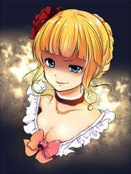  beatrice_(umineko) blonde_hair blue_eyes bow breasts bug butterfly choker cleavage commentary_request female flower hair_bun hair_flower hair_ornament highres medium_breasts negiko pink_bow rose single_hair_bun smirk solo umineko_no_naku_koro_ni uneven_eyes upper_body yellow_butterfly 