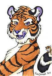  2014 anthro bust_portrait chest_tuft duo felid fur herpestid inner_ear_fluff licking licking_lips looking_at_viewer male mammal meerkat open_mouth pantherine pantra portrait purple_eyes purple_nose purple_tongue self_lick signature simple_background smile solo_focus striped_body striped_fur stripes tiger tongue tongue_out tuft white_background xianjaguar 