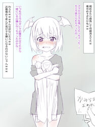  blush body_blush camilla_(kagemusha) collarbone commentary_request crying crying_with_eyes_open demon_girl fangs female hair_between_eyes head_wings highres holding holding_clothes holding_shirt kagemusha lolicon looking_at_viewer monogoi_no_succubus_oyako_o_mitsuketakara_ijimete_yaru_koto_ni_shita_ww note off_shoulder partially_colored purple_eyes sad shirt short_hair solo tears translated wings 