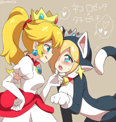  2015 2girls bands bell_collar blonde_hair blue_eyes blush brooch cat_collar cat_ears cat_girl cat_rosalina cat_tail catgirl catsuit collar crown dominant_female earrings eromame gloves gold_crown hair_over_one_eye heart heart-shaped_pupils heart_eyes heart_in_eye japanese_text long_hair long_sleeve_gloves mario_(series) motion_lines one_eye_covered open_mouth pet_play petplay ponytail power_up princess_peach princess_rosalina red_brooch red_dress red_earring red_eyes red_hair_tie silver_crown simple_background slave slavegirl speech_bubble star_earrings submissive submissive_female submissive_human super_mario_3d_world text tongue tongue_out twitter_username white_and_red white_dress 