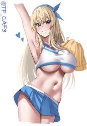  absurdres armpits atago_(kancolle) blonde_hair blue_eyes blue_skirt blush breasts cheering cheerleader cowboy_shot crop_top female highres holding holding_pom_poms kantai_collection large_breasts long_hair looking_at_viewer midriff miniskirt navel pom_pom_(cheerleading) shirt skirt smile solo tf_cafe twitter_username 