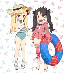  2girls :d ankle_ribbon barefoot black_hair black_tiara blonde_hair blush cherry cherry_background commentary deformed drawstring ereshkigal_(fate) fate/grand_order fate_(series) flower food frilled_one-piece_swimsuit frills fruit fruit_background full_body fur-trimmed_legwear fur_trim halterneck hand_on_own_chest hat hat_flower highres holding holding_swim_ring hood hood_down hooded_jacket ishtar_(fate) ishtar_(swimsuit_rider)_(fate) jacket kabutomushi_s leg_ribbon leggings long_hair long_sleeves looking_at_viewer multiple_girls one-piece_swimsuit parted_bangs pink_jacket pink_leggings red_eyes ribbon sandals signature single_detached_legging smile space_ereshkigal_(fate) space_ereshkigal_(first_ascension)_(fate) standing strapless strapless_one-piece_swimsuit sun_hat swim_ring swimsuit symbol-only_commentary tiara twintails two-tone_one-piece_swimsuit white_fur white_one-piece_swimsuit 