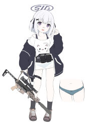  :d bandaid bandaid_on_face bandaid_on_nose black_jacket black_socks blue_panties bow bow_panties brown_footwear bullet commentary female grey_hair gun halo hand_up highres holding holding_gun holding_weapon hood hood_down hooded_jacket jacket long_sleeves looking_at_viewer multiple_views navel open_clothes open_jacket open_mouth original panties puffy_long_sleeves puffy_sleeves purple_eyes rifle sakuraba_hikaru_(loveindog) shirt shoes sig_mcx smile socks standing two_side_up underwear weapon white_shirt 