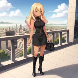  ai-generated bag belt blonde_hair blue_sky boots bracelet building cloud dark_skin female highres jewelry long_hair miniskirt multiple_bracelets necklace original skirt sky sleeveless sleeveless_turtleneck thigh_boots turtleneck yellow_eyes 