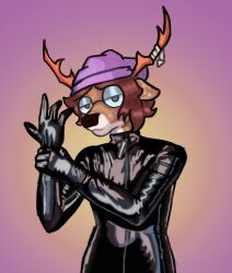  adjusting_clothing anthro beanie bodysuit clothing deer eyewear glasses gradient_background hat headgear headwear hi_res latex latex_clothing latex_skinsuit looking_at_viewer mammal scye! scye_(character) simple_background skinsuit solo tight_clothing 