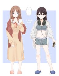  ... 2girls bang_dream! bang_dream!_it&#039;s_mygo!!!!! black_hair blue_background blue_eyes blue_footwear border breasts brown_hair can canned_coffee cleavage closed_mouth collarbone commentary_request dress drink_can full_body grey_shorts grey_sports_bra hair_between_eyes hand_on_own_hip headphones headphones_around_neck highres holding holding_can hood hood_down hooded_jacket jacket long_hair long_sleeves looking_at_viewer medium_breasts mole mole_under_eye multiple_girls nagasaki_soyo navel open_clothes open_jacket orange_dress outline outside_border parted_bangs pink_footwear porinki purple_eyes red_ribbon red_scarf ribbon scarf shared_speech_bubble shiina_taki shorts sidelocks slippers speech_bubble spoken_ellipsis sports_bra standing stomach sweatdrop white_border white_jacket white_outline 