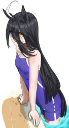  ahoge animal_ears black_hair blue_one-piece_swimsuit breasts commentary female hair_between_eyes hands_on_ground highres horse_ears horse_girl horse_tail long_bangs long_hair long_hair_between_eyes looking_at_viewer manhattan_cafe_(umamusume) moriaka multicolored_hair one-piece_swimsuit parted_lips pool school_swimsuit sidelocks simple_background small_breasts solo swimsuit tail tile_floor tiles umamusume very_long_hair wading wet white_hair 