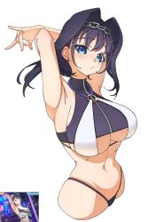  arms_behind_head bikini black_hair blue_hair breasts female hair_ornament highres hololive hololive_english hoot_hoot_owl large_breasts looking_at_viewer medium_hair ouro_kronii standing swimsuit underboob 