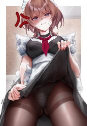  alternate_costume apron ass_visible_through_thighs bandage_on_face bandages black_dress black_pantyhose blue_eyes blush border breasts brown_hair clothes_lift collared_shirt cowboy_shot dress embarrassed enmaided female hair_between_eyes highres honkai_(series) honkai_impact_3rd lantern_(honkai_impact) large_breasts looking_at_viewer maid maid_headdress necktie nyeppu paid_reward_available panties panties_under_pantyhose pantyhose partially_shaded_face red_necktie shirt short_hair sidelocks signature skirt skirt_lift solo underwear v-shaped_eyebrows white_apron white_border white_panties 