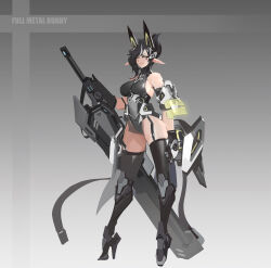  bare_shoulders black_garter_straps black_gloves black_hair black_leotard black_thighhighs boots breasts closed_mouth commentary elf english_commentary female full_body garter_straps gloves grey_background high_heel_boots high_heels highres holding holding_weapon knee_boots leotard long_hair looking_at_viewer mecha_musume medium_breasts original pointy_ears see-through_pelvic_curtain sideboob simple_background smjim1986 solo thighhighs weapon yellow_eyes 