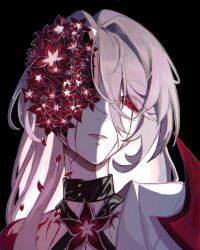  acheron_(honkai:_star_rail) black_background black_choker body_markings choker commentary criss-cross_halter female flower flower_over_eye halterneck highres honkai:_star_rail honkai_(series) long_hair looking_at_viewer official_alternate_color parted_lips portrait red_eyes red_flower simple_background single_bare_shoulder solo symbol-only_commentary very_long_hair white_hair yoohoofox 