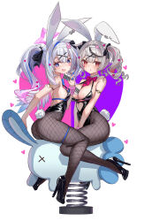  2girls absurdres amane_kanata animal_ears arm_behind_back arm_strap arms_between_legs back backless_leotard bare_shoulders between_breasts black_footwear black_hair black_leotard black_ribbon blue_bow blue_bowtie blue_hair blue_nails blush bow bowtie breasts brown_pantyhose card card_between_breasts caution_tape cleavage clothing_cutout commentary_request cutout_above_navel detached_collar fake_animal_ears fake_tail fishnet_pantyhose fishnets full_body grey_hair hair_ornament hair_ribbon halo heart heart_cutout heart_hair_ornament high_heels highres holding holding_card hololive innertube juu_p large_breasts leotard long_hair looking_at_viewer medium_hair multicolored_hair multiple_girls open_mouth orca pantyhose pink_hair playboy_bunny playing_card purple_eyes rabbit_ears rabbit_hole_(vocaloid) rabbit_tail red_eyes red_hair ribbon sakamata_chloe sidelocks simple_background single_hair_intake sitting skindentation small_breasts star_halo straddling streaked_hair sweat swim_ring tail teardrop_facial_mark thigh_strap twintails undersized_breast_cup upao_(amane_kanata) virtual_youtuber x_hair_ornament 