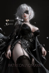  2b_(nier:automata) alternate_costume black_background black_bridal_gauntlets black_dress black_hairband black_kimono black_nails black_theme black_thighhighs bra bra_peek breasts bridal_gauntlets check_clothing cleavage clothing_request commentary cowboy_shot dress english_commentary facing_viewer female hair_over_one_eye hairband highres japanese_clothes kimono lace lace-trimmed_thighhighs lace_bra lace_trim large_breasts mole mole_on_thigh mole_under_mouth nier:automata nier_(series) nixeu open_clothes open_kimono parted_lips patreon_username short_hair side_slit single_bridal_gauntlet solo thighhighs thighs underwear white_hair 