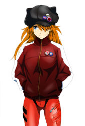  animal_hat black_hat blue_eyes bodysuit cat_hat closed_mouth commentary_request evangelion:_3.0_you_can_(not)_redo eyepatch female hair_over_one_eye hands_in_pockets hat hat_pin infinote jacket long_hair looking_to_the_side looking_up multicolored_clothes multicolored_jacket neon_genesis_evangelion nervous nervous_sweating orange_hair pin plugsuit rebuild_of_evangelion red_bodysuit red_jacket simple_background solo souryuu_asuka_langley striped_clothes striped_jacket sweat sweatdrop swept_bangs track_jacket two-tone_jacket v-shaped_eyebrows whistling white_background white_jacket 