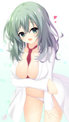  :3 :d absurdres aqua_eyes aqua_hair arm_under_breasts ass_visible_through_thighs between_breasts blush breasts cleavage coat collarbone commentary_request cowboy_shot crossed_bangs eyes_visible_through_hair female gradient_background green_background hair_between_eyes happy heart heart_of_string highres lab_coat large_breasts leaning_forward long_hair long_sleeves looking_at_viewer necktie necktie_between_breasts no_bra one_side_up open_clothes open_coat open_mouth p-man_mk-2 panties red_necktie riddle_joker shikibe_mayu shiny_skin signature simple_background smile solo thighs underwear white_background white_panties 