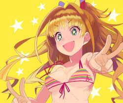  bare_shoulders bikini bow breasts breasts_apart brown_hair collarbone dot_nose double_v female front-tie_bikini_top front-tie_top green_eyes hair_ribbon hairbow hands_up high_ponytail hino_akane_(idolmaster) idolmaster idolmaster_cinderella_girls idolmaster_cinderella_girls_starlight_stage long_hair looking_at_another medium_breasts multicolored_bikini multicolored_clothes multicolored_ribbon open_mouth ponytail ribbon smile solo star_(symbol) star_in_eye starry_background striped_bikini striped_clothes swimsuit symbol_in_eye underboob upper_body v v-shaped_eyebrows yellow_background yuuki_(irodo_rhythm) 