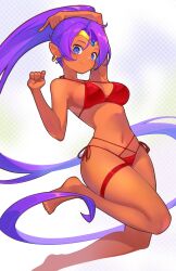  bare_shoulders bikini blue_eyes breasts cleavage dark-skinned_female dark_skin earrings female full_body high_ponytail highres itou_kazuki jewelry long_hair looking_at_viewer medium_breasts navel pointy_ears polka_dot polka_dot_background purple_hair red_bikini shantae shantae_(series) side-tie_bikini_bottom smile solo swimsuit very_long_hair white_background 