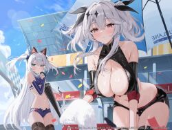  2girls animal_ears aqua_eyes azur_lane bare_shoulders bent_over black_gloves black_shirt black_shorts black_thighhighs blue_shorts blue_sky blush breasts cat_ears cleavage cleavage_cutout closed_mouth clothing_cutout cloud commentary_request confetti copyright_name copyright_notice crop_top day detached_sleeves elbow_gloves fake_animal_ears gloves grey_hair hair_between_eyes hair_ornament hair_ribbon hairband hammann_(azur_lane) hammann_(blushing_fellow)_(azur_lane) holding holding_towel holding_umbrella joffre_(azur_lane) joffre_(blessings&#039;_first_flight)_(azur_lane) large_breasts latex leaning_forward logo long_hair looking_at_viewer micro_shorts midriff multiple_girls navel official_alternate_costume official_art open_fly outdoors parted_lips race_queen red_eyes revealing_clothes ribbon sg_(satoumogumogu) shirt short_shorts shorts sidelocks skindentation sky sleeveless sleeveless_shirt small_breasts standing stomach sweat thigh_gap thighhighs thighs towel twintails two_side_up umbrella very_long_hair wet 