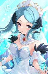  :d bare_shoulders blue_hair breasts cleavage dress ell_0314 fire_emblem fire_emblem_fates fire_emblem_heroes flora_(fire_emblem) flora_(ice)_(fire_emblem) highres looking_at_viewer medium_breasts official_alternate_costume open_mouth purple_eyes smile snowflakes strapless strapless_dress twintails white_dress 