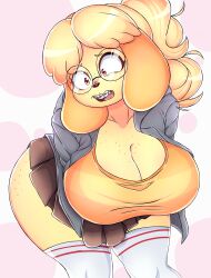  absurd_res animal_crossing ass big_breasts big_butt blonde_hair blush breasts canid canine canis clothing domestic_dog dvalinarts female hair hi_res human humanoid isabelle_(animal_crossing) mammal nerd nerdbelle nervous nintendo pinup pose solo thick_thighs 