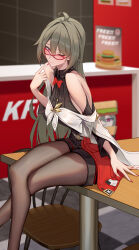  absurdres ahoge alternate_costume bare_shoulders bespectacled black_pantyhose black_shirt black_shorts blush bow bowtie breasts chinese_commentary closed_mouth commentary_request crossed_legs female finger_to_mouth glasses green_hair hair_between_eyes high-waist_shorts highres honkai_(series) honkai_impact_3rd indoors kfc large_breasts long_hair looking_at_viewer nail_polish on_table one_eye_closed pantyhose pantyhose_under_shorts pink_eyes red-framed_eyewear red_bow red_bowtie red_nails ruo_zhishi_chu_jian shirt shorts sitting smile solo table very_long_hair vita_(honkai_impact) 