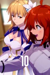  2girls ahoge archetype_earth arcueid_brunestud bare_shoulders blonde_hair blue_skirt blush breasts cleavage detached_collar detached_sleeves dress echo_(circa) fate/grand_order fate_(series) flower fujimaru_ritsuka_(female) fujimaru_ritsuka_(female)_(decisive_battle_chaldea_uniform) gold_trim hair_flower hair_ornament large_breasts layered_skirt long_hair long_skirt long_sleeves medium_breasts multiple_girls open_mouth orange_eyes orange_hair red_eyes short_hair skirt smile tsukihime very_long_hair white_dress 