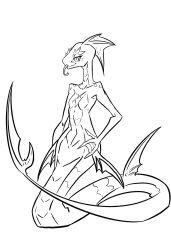  absurd_res anthro apode chest_scar deity draconcopode female fin flat_chested forked_tongue gaiusverse hand_on_hip head_fin hi_res legless long_tail looking_at_viewer monochrome naga nude nude_anthro nude_female pupils reptile scales scalie scar serpentine simple_background slim slit_pupils snake snoutless solo syl_(snoutless) tail tail_fin tongue tongue_out white_background wide_hips 