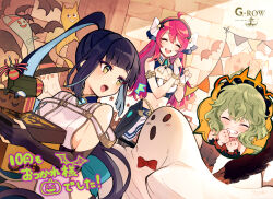  3girls :d ahoge aqua_hair black_hair bow bowtie breasts closed_eyes colored_inner_hair ghost_costume gjallarhorn_(phantom_of_the_kill) green_hair halloween hands_up hercule_(phantom_of_the_kill) indoors jack-o&#039;-lantern long_hair medium_hair midriff multicolored_hair multiple_girls official_art open_mouth phantom_of_the_kill ponytail red_bow red_bowtie red_hair sideboob sidelocks smile speech_bubble standing suiha_(phantom_of_the_kill) teeth upper_body upper_teeth_only yellow_eyes 