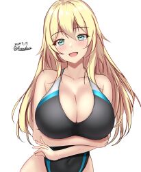  :d aqua_eyes arms_under_breasts atago_(kancolle) bare_arms black_one-piece_swimsuit blonde_hair blush breasts cleavage collarbone competition_swimsuit covered_navel dated female hair_between_eyes highres kantai_collection large_breasts long_hair looking_at_viewer montemasa one-piece_swimsuit open_mouth signature simple_background smile solo swimsuit upper_body white_background 