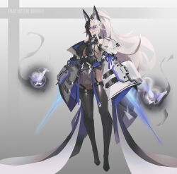  animal_ears bare_shoulders black_garter_straps black_thighhighs boots breasts coat dual_wielding elf fake_animal_ears female full_body garter_straps grey_background highres holding large_breasts long_sleeves mecha_musume original pelvic_curtain pointy_ears sideboob simple_background smjim1986 solo thigh_boots thighhighs triangular_eyewear white_coat 