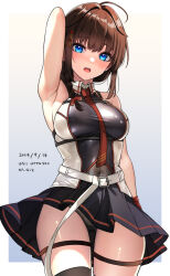  ahoge arm_up armpits artist_name black_panties black_skirt blue_eyes braid breasts brown_hair cowboy_shot dated female gradient_background hair_between_eyes hair_over_shoulder hanako_(peanut) highres kantai_collection large_breasts long_hair looking_at_viewer necktie open_mouth panties pleated_skirt red_necktie shigure_(kancolle) shigure_kai_san_(kancolle) shirt single_braid skirt sleeveless sleeveless_shirt solo thigh_strap two-tone_shirt underwear wind wind_lift 