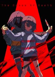  2others black_shorts blood blood_on_knife blue_sweater bob_cut brown_hair chara_(undertale) choco_rabbitt closed_eyes closed_mouth dancing english_text feet_out_of_frame frisk_(undertale) grey_thighhighs hair_between_eyes hashtag-only_commentary highres holding holding_hands holding_knife knife long_sleeves multiple_others orange_sweater other_focus puffy_long_sleeves puffy_sleeves red_eyes red_sweater short_hair short_shorts shorts simple_background smile striped_clothes striped_sweater sweater thighhighs turtleneck turtleneck_sweater two-tone_sweater undertale 