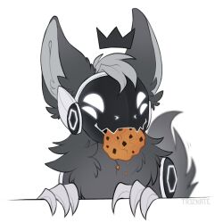  1:1 4_eyes ambiguous_gender big_ears chest_tuft claws cookie crown eating eating_food floating_crown food fur grey_body grey_fur headgear hi_res machine multi_eye protogen smile solo trickate tuft visor 