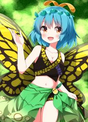  :d antenna_hair bikini black_bikini black_wings blue_hair blush breasts bug butterfly cleavage cowboy_shot eternity_larva female green_sarong hair_ornament happy highres leaf_hair_ornament medium_breasts midriff navel open_mouth orange_eyes ruu_(tksymkw) sarong sarong_hold short_hair smile solo swimsuit touhou wings yellow_wings 