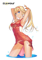  alternate_hair_color armpits arms_behind_head arms_up bare_arms bikini blonde_hair blue_eyes breasts cleavage closers clothing_cutout copyright_name cowboy_shot dress_swimsuit female grin hair_flowing_over hand_on_own_head hands_up headband highres logo long_hair looking_at_viewer medium_breasts official_art one-piece_tan parted_lips red_bikini red_headband ribbon side-tie_bikini_bottom side_cutout smile solo string_bikini swimsuit tan tanlines variant_set violet_(closers) wading water wet white_background yellow_ribbon 