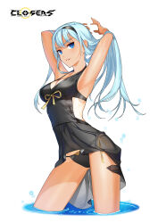  armpits arms_behind_head arms_up bare_arms bikini black_bikini black_hairband blue_eyes blue_hair breasts cleavage closers clothing_cutout copyright_name cowboy_shot dress_swimsuit female grin hair_flowing_over hairband hand_on_own_head hands_up highres light_blue_hair logo long_hair looking_at_viewer medium_breasts official_art one-piece_tan parted_lips ribbon side-tie_bikini_bottom side_cutout smile solo string_bikini swimsuit tan tanlines variant_set violet_(closers) wading water wet white_background yellow_ribbon 