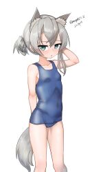  absurdres animal_ears asymmetrical_hair blue_one-piece_swimsuit breasts covered_navel extra_ears feet_out_of_frame female flipped_hair grey_eyes grey_hair highres kantai_collection long_hair maru_(marg0613) nowaki_(kancolle) one-hour_drawing_challenge one-piece_swimsuit school_swimsuit simple_background small_breasts solo swimsuit tail white_background wolf_ears wolf_tail 