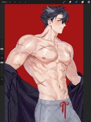  1boy abs art_program_in_frame artist_name biceps black_hair black_jacket blue_eyes blush closed_mouth collarbone genshin_impact grey_hair grey_pants hair_between_eyes hashtag-only_commentary highres jacket jacket_partially_removed looking_at_viewer male_focus multicolored_hair multiple_scars muscular muscular_male navel nipples pants parted_bangs pectorals red_background rourouki scar scar_on_arm scar_on_cheek scar_on_chest scar_on_face scar_on_neck scar_on_shoulder scar_on_stomach short_hair simple_background smile solo stomach streaked_hair topless_male veins watermark wriothesley_(genshin_impact) 