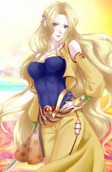  artist_request blonde_hair blue_eyes blue_shirt breasts cape celes_chere cropped_jacket feet_out_of_frame female final_fantasy final_fantasy_vi gradient_background hair_ornament holding holding_sword holding_weapon long_hair looking_at_viewer medium_breasts pants polka_dot_cape puffy_sleeves shirt sleeveless solo source_request sun sword vest waist_cape wavy_hair weapon yellow_cape yellow_pants yellow_vest 