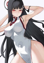  absurdres armpits arms_behind_head black_hair blue_archive blush breasts bright_pupils china_dress chinese_clothes covered_navel dress female hair_ornament hairclip halo highres katagirinanoka large_breasts long_hair looking_at_viewer red_eyes rio_(blue_archive) side_slit simple_background solo white_background white_dress white_pupils 