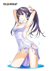  alternate_hair_color armpits arms_behind_head arms_up bare_arms bikini blue_eyes breasts cleavage closers clothing_cutout copyright_name cowboy_shot dress_swimsuit female grin hair_flowing_over hairband hand_on_own_head hands_up highres logo long_hair looking_at_viewer medium_breasts official_art parted_lips purple_hair purple_ribbon ribbon side-tie_bikini_bottom side_cutout smile solo string_bikini swimsuit variant_set violet_(closers) wading water wet white_background white_bikini white_hairband 