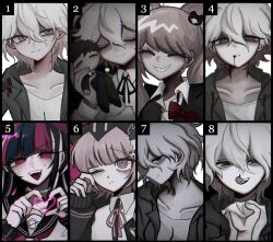  :q bear_hair_ornament black_hair black_sailor_collar black_shirt blood blood_from_mouth blush bow collarbone danganronpa:_trigger_happy_havoc danganronpa_(series) danganronpa_2:_goodbye_despair enoshima_junko galaga grey_hair grin hair_between_eyes hair_ornament hands_up heart heart_hands hinata_hajime holding hood hood_up hooded_jacket jacket komaeda_nagito long_hair mioda_ibuki multiple_views nanami_chiaki neck_ribbon pink_hair red_bow red_eyes red_ribbon ribbon sailor_collar shirt short_hair smile sweat teeth tongue tongue_out twintails u_donburi white_hair 