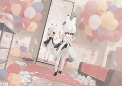  absurdres alternate_costume animal_ear_fluff animal_ears azur_lane bag balloon black_bow black_dress black_footwear blue_bow blue_eyes bow box cake champagne_flute clothing_cutout cup dress drinking_glass female flower food fox_ears fox_tail frilled_skirt frills full_body gift gift_box hair_over_one_eye hairbow highres kasumi_(azur_lane) kasumi_1118 looking_at_mirror low_twintails manjuu_(azur_lane) mary_janes mirror navel_cutout open_mouth shoes skirt smile solo standing swept_bangs tail thighhighs twintails twintails_with_braided_base white_flower white_hair white_skirt white_thighhighs 