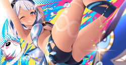  absurdres aqua_headband ass bare_shoulders blue_hairband blush braid breasts female genshin_impact hairband hawaiian_clothes highres long_hair looking_at_viewer looking_down low_twin_braids mualani_(genshin_impact) one_eye_closed open_mouth red_eyes smile solo surfing tan tanlines tetori_(tetolisto) thighs twin_braids underboob white_hair 