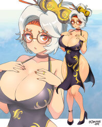  :o absurdres alternate_costume anklet black_dress black_footwear blush breasts cleavage covered_navel dress eyeshadow eyewear_on_head female fingernails full_body glasses hair_bun hair_ornament hair_stick hand_on_own_chest high_heels highres jarckius jewelry large_breasts makeup medium_dress orange_hair orange_nails pelvic_curtain pumps purah red-framed_eyewear red_eyeshadow ring round_eyewear sheikah short_hair side_slit solo standing the_legend_of_zelda the_legend_of_zelda:_tears_of_the_kingdom white_hair wide_hips zoom_layer 