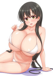  :d arm_support bare_arms bikini black_hair blush breasts cleavage collarbone female hair_between_eyes hair_ribbon huge_breasts iwato_kasumi long_hair looking_at_viewer navel open_mouth ribbon saki_(manga) shakunetsujigoku sidelocks simple_background skindentation smile solo swimsuit very_long_hair white_background white_bikini yellow_eyes 