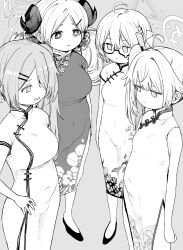  +_+ 4girls absurdres alternate_costume big_belly blue_archive breasts china_dress chinese_clothes commentary_request dress floral_print glasses grey_background greyscale highres hiyori_(blue_archive) horns izumi_(blue_archive) kotori_(blue_archive) large_breasts medium_breasts monochrome multiple_girls natsu_(blue_archive) print_dress sadamatsu_ryuuichi sheep_horns shoes simple_background standing 