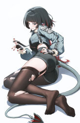  absurdres animal_ears ass black_gloves black_hair black_pantyhose black_shorts black_thighhighs breasts commentary crop_top cropped_jacket feet female fingerless_gloves fingernails fur-trimmed_jacket fur_trim gloves goeleu green_eyes grey_jacket hand_on_own_hip highres jacket jane_doe_(zenless_zone_zero) large_breasts legs long_sleeves looking_at_viewer lying midriff mouse_ears mouse_girl mouse_tail nail_polish no_shoes on_side pantyhose puffy_long_sleeves puffy_sleeves red_nails revision short_shorts shorts single_leg_pantyhose single_thighhigh smile soles solo tail thighhighs toes torn_clothes torn_pantyhose torn_thighhighs zenless_zone_zero 